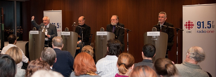 From left to right, Paul Kennedy, host of CBC Radio One’s Ideas, and the panelists Peter Victor, Richard Lipsey, and Tim Jackson. Missing: Paul Ekins.
