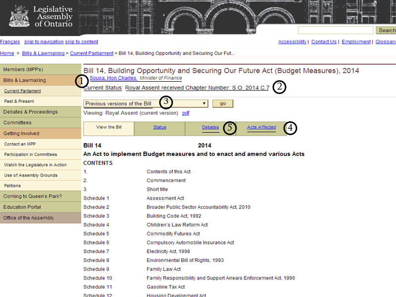 Screenshot of the Ontario Legislative Assembly's website's Navigating Bill screen.