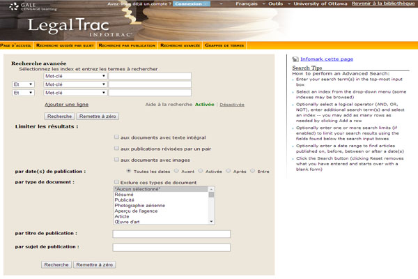 fig 1.3 Capture d'écran de la page de recherche sur le site LegalTrac.