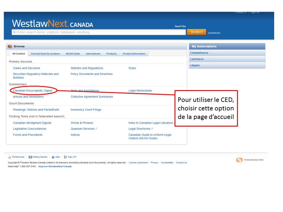 Une capture d'écran de la page d'accueil de LawSource sur Westlaw Canada.