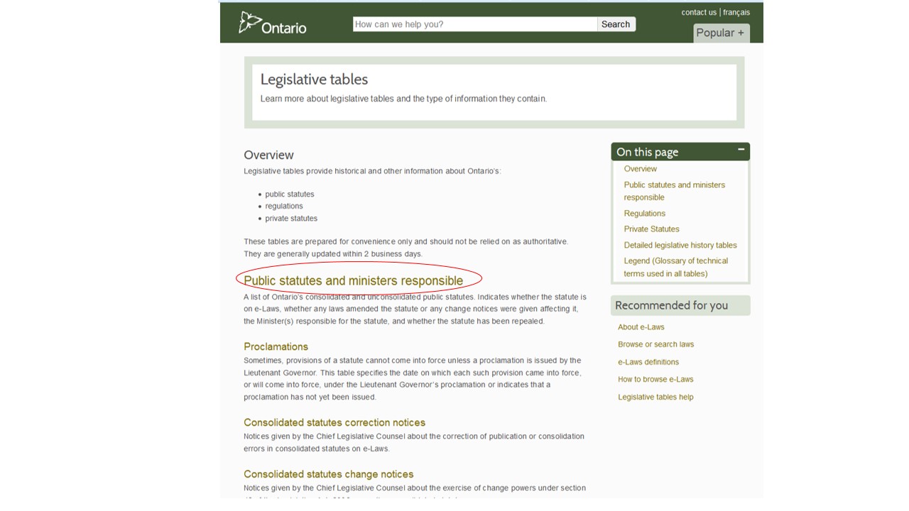 Screenshot of the Current Consilidated Statutes Legislative Tables.