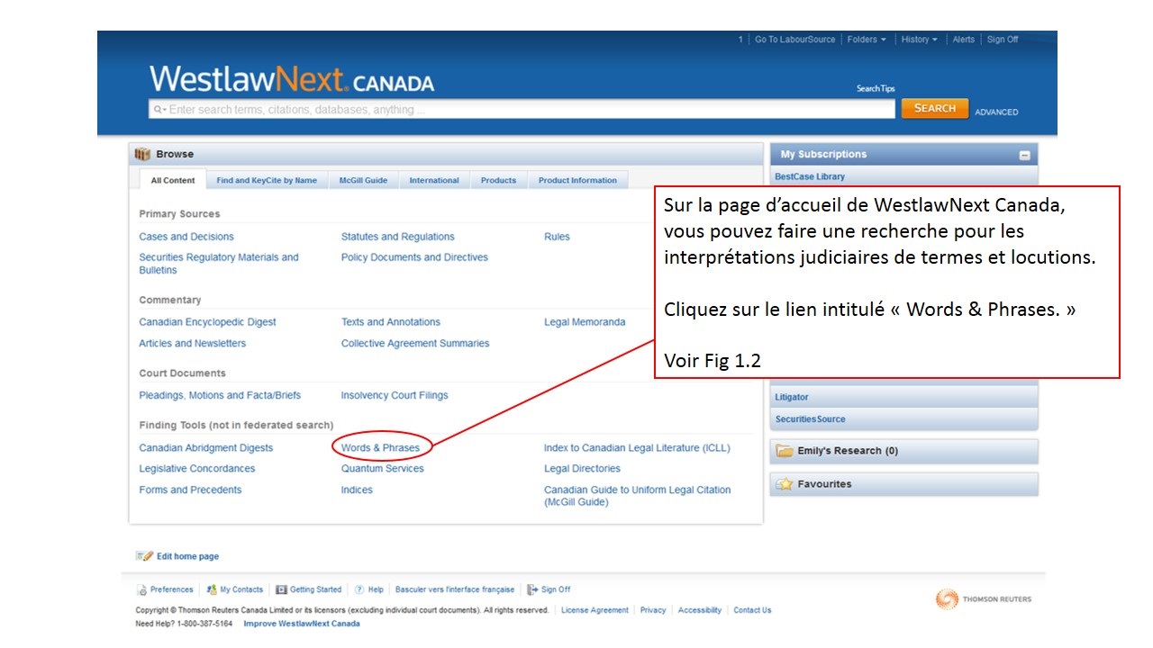 Capture d'écran de la page d'accueil de LawSource sur le site de Westlaw Canada.