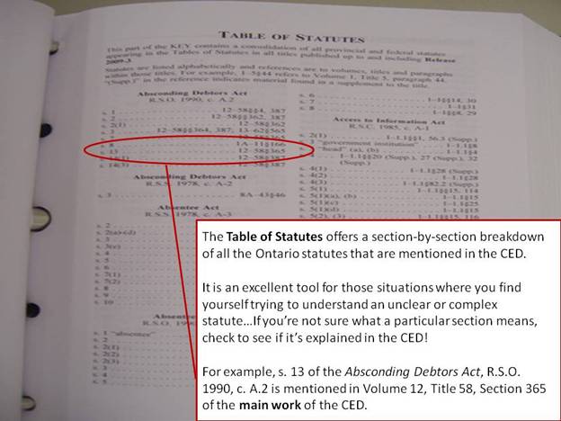 A photo of the table of statutes in the guide.