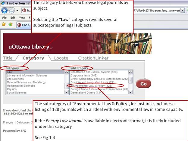 Screenshot of uOttawa Library's e-Journal search page's category section.