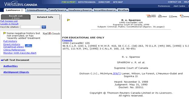 A screenshot of KeyCite's viewing status page