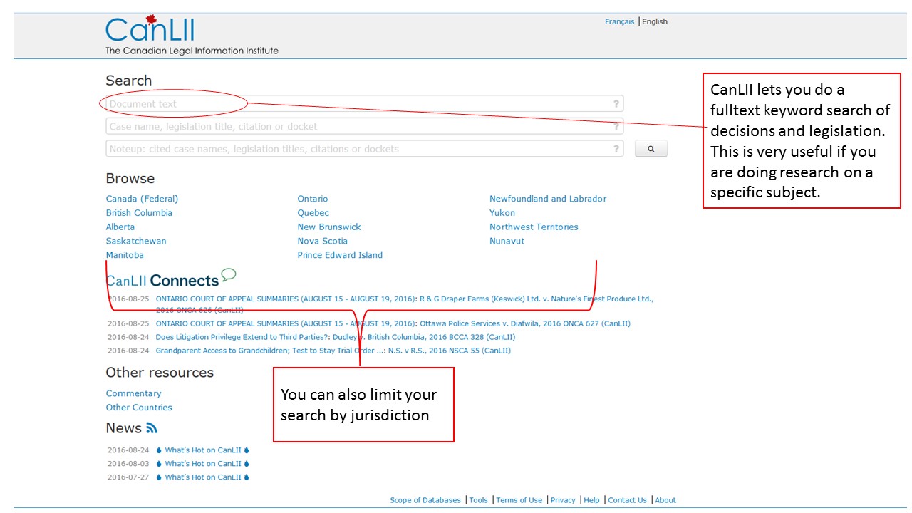 A screenshot of CanLII's search page.