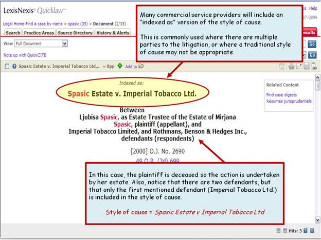 Screenshot of the Quicklaw website, showing Estetate v. Imperial Tobacco Ltd.