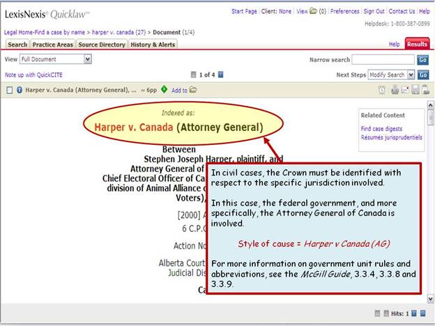 Screenshot of the Quicklaw website, showing Harper v. Canada (Attorney General)