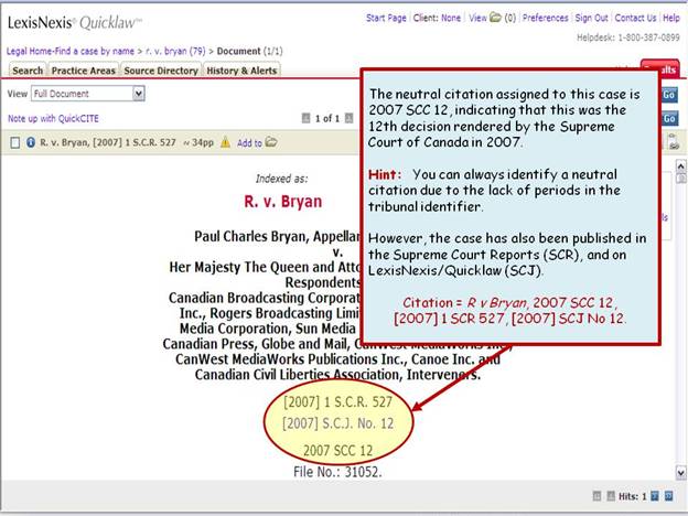 Screenshot of the Quicklaw website, showing an example of a neutral citation.