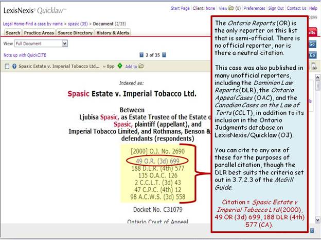 Screenshot of the Quicklaw website showing an example of a Parallel Citation.