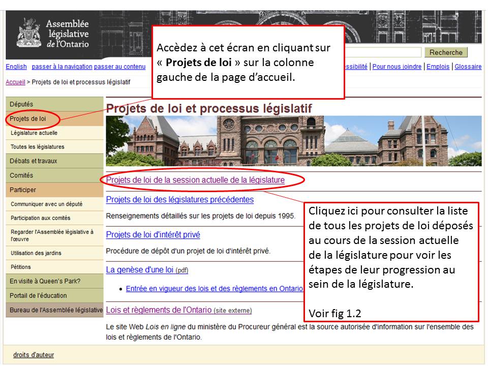 Capture d'écran du site de l'Assemblée legislative de l'Ontario.