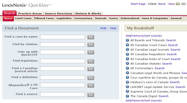 Une capture d'écran de la page de recherche sur le site LexisNexis Quicklaw.