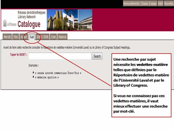 Une capture d'écran du site du Réseau de bibliothèques de l'université d'Ottawa. Les recherches par sujet.