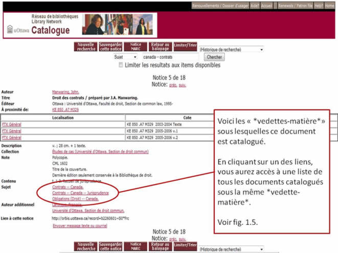 Une capture d'écran du site du Réseau de bibliothèques de l'université d'Ottawa. Une notice.