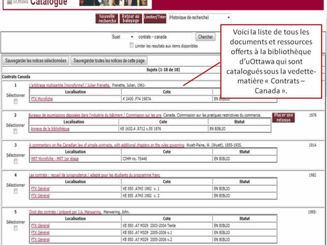Une capture d'écran du site du Réseau de bibliothèques de l'université d'Ottawa. Une liste de vedette-matière catégorisé.