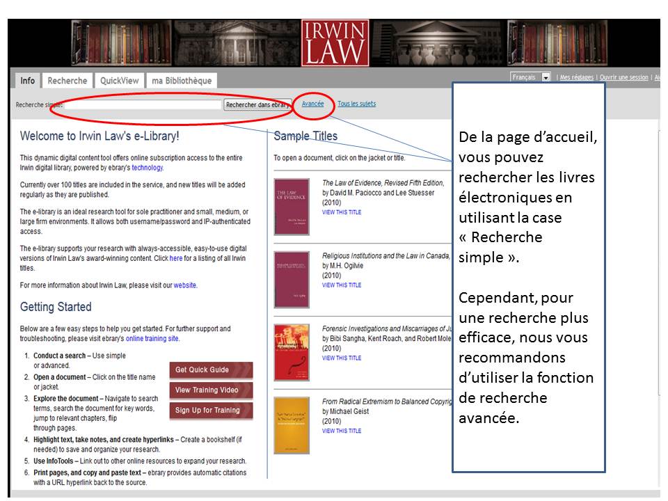 Une capture d'écran de la page d'accueil du sire MyiLibrary de l'université d'Ottawa. On voit Quick Search et Browse by Subject encerclé.