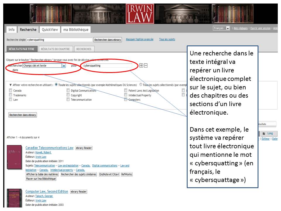 Une capture d'écran de la page d'accueil du sire MyiLibrary de l'université d'Ottawa. Le Full-text search.