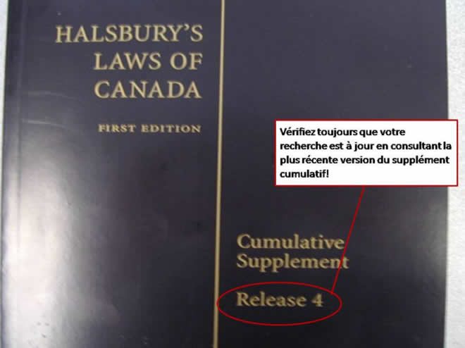 Une photo du couvert du Halsbury's Laws of Canada qui met en évidence la version du supplément.