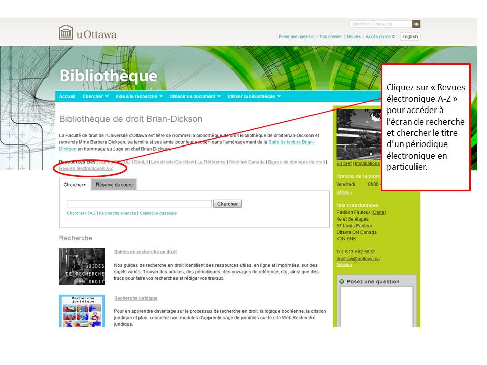 Capture d'écran de la page d'accueil du site de la Bibliothèque de droit Brian-Dickson.