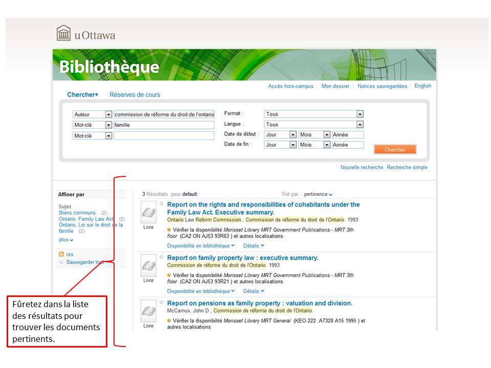 Capture d'écran de résultats de recherche sur le site du Réseau de bibliothèques à l'université d'Ottawa.