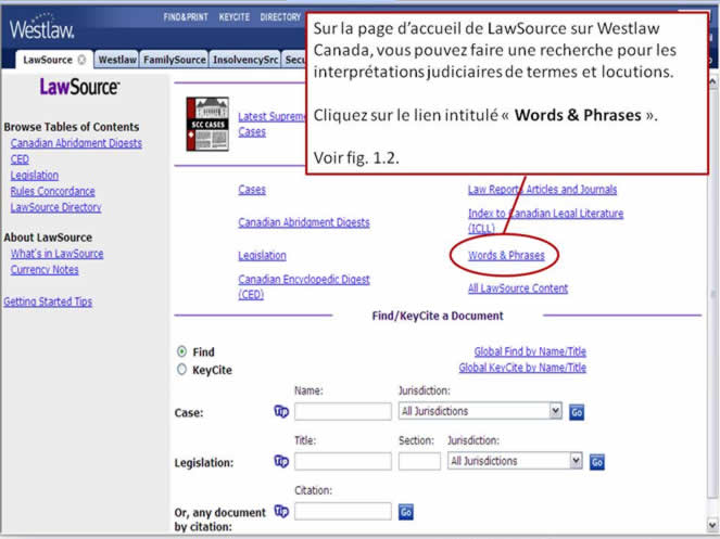 Capture d'écran de la page d'accueil de LawSource sur le site de Westlaw Canada.