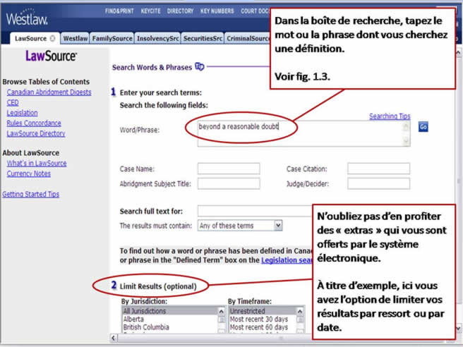 Capture d'écran de la page de recherche de LawSource sur le site de Westlaw Canada.