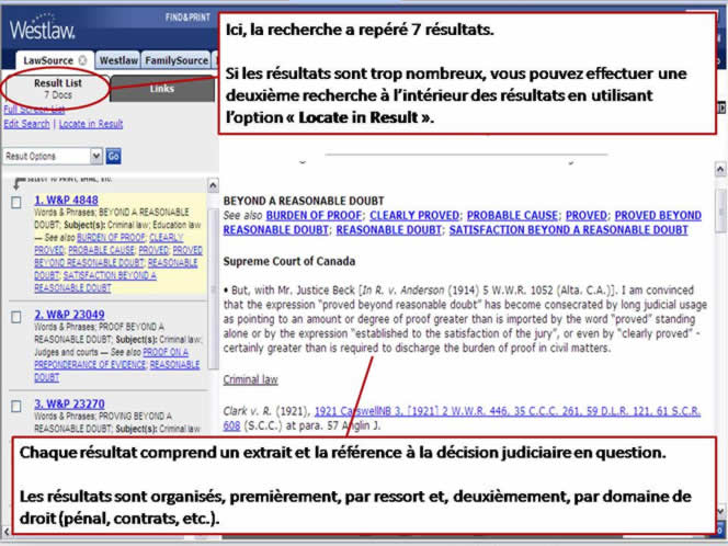 Capture d'écran d'une page de résultats de LawSource sur le site de Westlaw Canada.