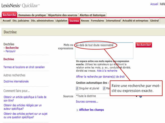 Capture d'écran d'une page de recherche par mots ou expressions sur le sure LenixNexis Quicklaw.