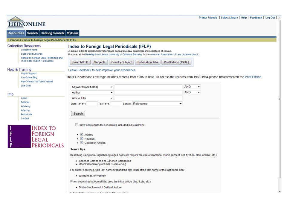fig 1.2 Capture d'écran de la page de recherche sur le site Index to Foreign Legal Periodicals.