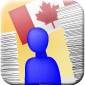 Icon representing the Federal Legislation module. A person standing between a few stacks of legal documents, with the Canadian Flag in the background.