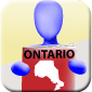Icon representing the Ontario Legislation module. A person holding a book with a the silhouette of the Ontario province and the word "Ontario" written on it.