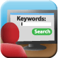 Icon representing the Searching Using Keywords and Boolean Logic module. A person looking at his computer screen. On the screen, there are the words "Keywords:" and "Search".