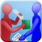 Icon representing the Secondary Sources module. A person hodling a few papers and a book is talking to another person holding some papers.